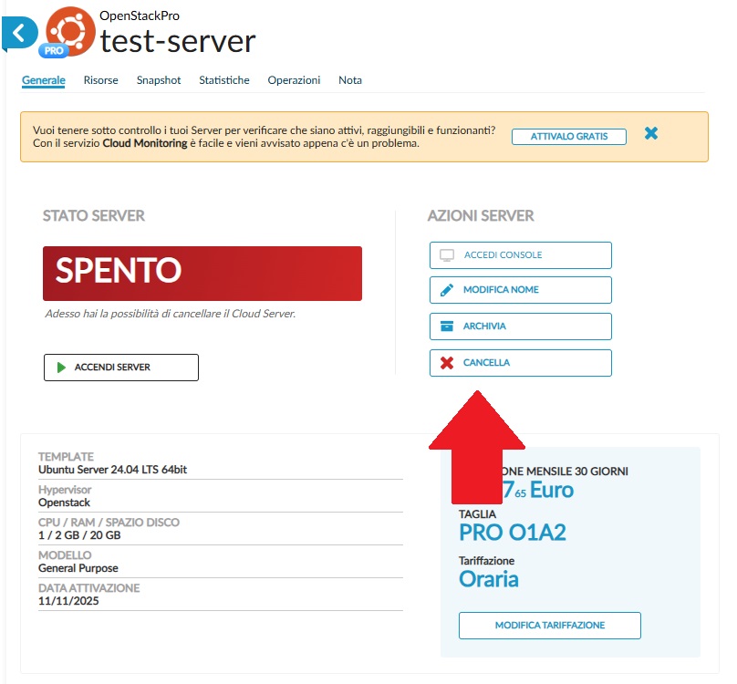 Azione Cancella Cloud Server