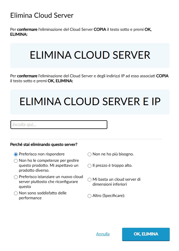 Conferma eliminazione Cloud Server