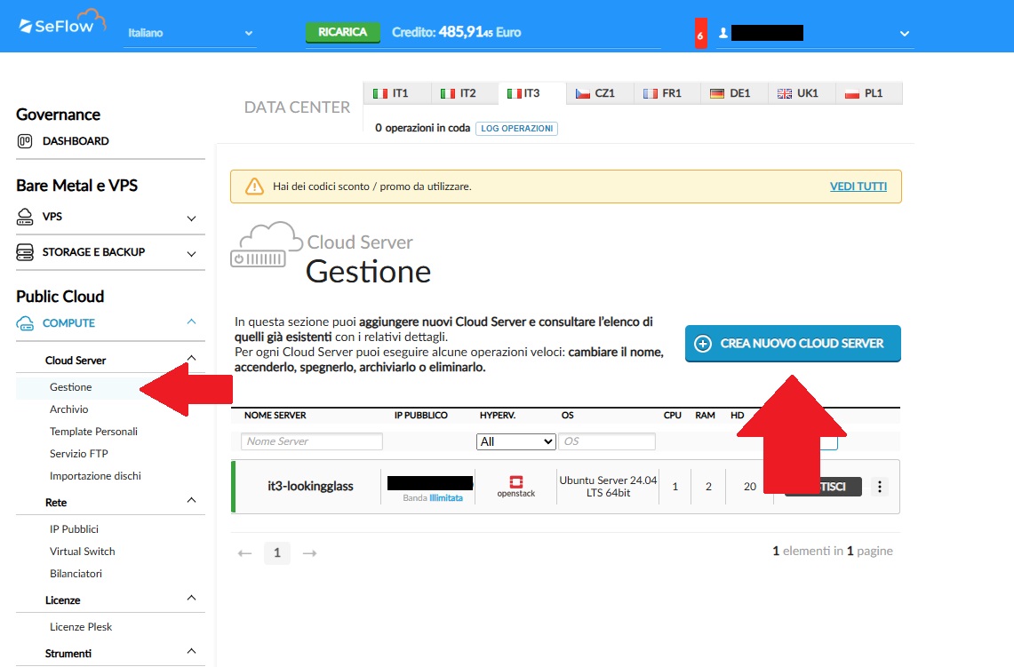 Creazione nuovo Cloud Server