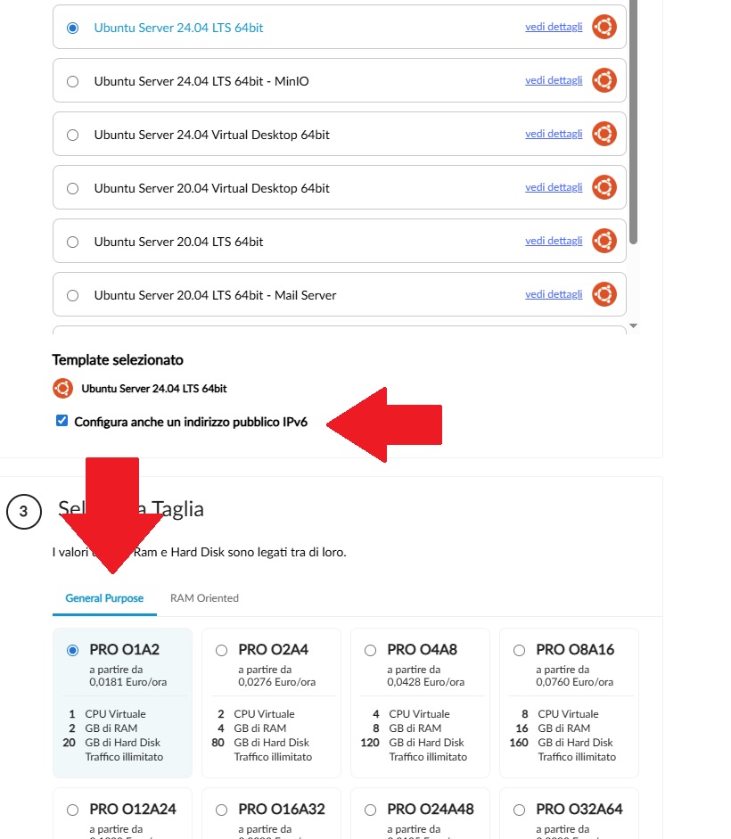 Scelta taglia Cloud Server