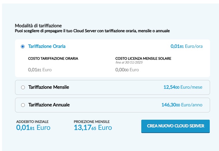 Conferma creazione Cloud Server